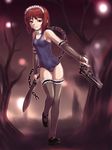  chain choker copyright_request cqc elbow_gloves gloves gun handgun knife kukri one-piece_swimsuit red_eyes red_hair revolver sakaki_imasato school_swimsuit solo swimsuit thighhighs weapon 