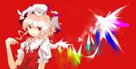  blonde_hair crystal dress expressionless flandre_scarlet frills hat looking_at_viewer makino_(pixiv) mob_cap puffy_short_sleeves puffy_sleeves rainbow_order red_background red_dress red_eyes short_hair short_sleeves simple_background solo touhou upper_body wings 