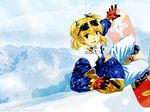  :d blonde_hair blue_eyes blush breath chrono_crusade cloud dutch_angle eyewear_on_head gloves hair_ribbon jacket jumping lens_flare moriyama_daisuke mountain nature official_art open_mouth outdoors ribbon rosette_christopher short_hair short_twintails sky smile snow snowboard solo sunglasses third-party_edit twintails wallpaper 