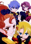  3girls 90s artist_request black_flower black_rose flipped_hair flower highres kaoru_kozue mouth_hold multiple_girls official_art rose scan shinohara_wakaba shoujo_kakumei_utena takatsuki_shiori tsuwabuki_mitsuru white_background 