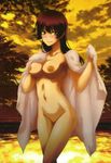  1girl artist_request black_hair breasts cleavage evening highres hime_cut kanoe_yuuko karge_breasys large_breasts long_hair navel nipples nude nude_filter photoshop pussy red_eyes solo tasogare_otome_x_amnesia towel uncensored ushijima_nozomi 