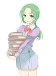  akimoto_komachi bad_id bad_pixiv_id book bow carrying green_eyes green_hair hairband l'ecole_des_cinq_lumieres_school_uniform long_hair minatsuki_randoseru ponytail precure school_uniform simple_background solo white_background yes!_precure_5 