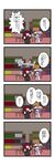  /\/\/\ 2girls 4koma bat_wings blush bookshelf chair chibi comic dora_ita flying_sweatdrops hat head_wings highres koakuma long_hair multiple_girls open_mouth patchouli_knowledge purple_hair red_hair table touhou translated wings 