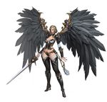  black_legwear black_wings blue_eyes breasts brown_hair bustier cleavage dospi fingernails full_body greaves high_heels highres large_breasts nail_polish navel original pauldrons sharp_fingernails shoes short_hair simple_background solo sword thighhighs weapon white_background wide_hips wings 