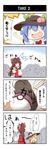  4koma bad_id bad_pixiv_id beni_shake blonde_hair bow brown_hair chibi comic crowd detached_sleeves fang food fruit hair_bow hair_tubes hakurei_reimu hat hat_ribbon highres hinanawi_tenshi kirisame_marisa master_ball multiple_girls open_mouth peach poke_ball pokemon ponytail ribbon shirt skirt surprised touhou translated witch_hat 