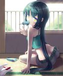  arm_support bad_id bad_pixiv_id bare_shoulders black_hair butt_crack camisole esgkjj eyewear_on_head food gari_gari-kun glasses green-framed_eyewear long_hair looking_back midriff mouth_hold niounomiya_izumu popsicle ringed_eyes shorts sitting solo tatami very_long_hair yellow_eyes yokozuwari zaregoto_series 