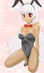  amaran animal_ears bow bowtie breasts bunny_ears bunnysuit cleavage detached_collar fishnet_pantyhose fishnets long_hair original pantyhose red_eyes short_hair silver_hair small_breasts 