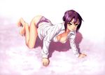  absurdres all_fours bare_legs barefoot breasts brown_eyes cleavage collarbone dress_shirt frilled_panties frills highres kannatsuki_noboru lips looking_at_viewer medium_breasts panties parted_lips purple_hair purple_panties shinkyoku_soukai_polyphonica shiny shiny_skin shirt short_hair solo tsuge_eufinley unbuttoned underwear 