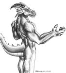  anthro claws dragon horn kharnak male monochrome muscles nude plain_background sketch solo standing white_background 