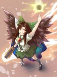  arm_cannon arm_up bow brown_hair cape energy_ball grin hair_bow highres long_hair mismatched_footwear pointing pointing_up radiation_symbol red_eyes reiuji_utsuho sanagi_(diohazard) shirt short_sleeves skirt smile solo space third_eye touhou weapon wings 