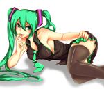  arm_support armpits at2. blush breasts frills green_eyes green_hair hair_ornament hatsune_miku highres licking long_hair looking_at_viewer lying medium_breasts nail_polish on_side sideboob skirt solo thighhighs twintails vocaloid white_background zettai_ryouiki 