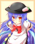  blue_hair blush border bow hat highres hinanawi_tenshi long_hair looking_at_viewer outline red_eyes solo touhou wakagi_repa 