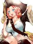  antique_firearm arm_behind_head belt blue_eyes boots breasts cleavage earrings firearm flared_muzzle gun handgun hat highres igarasy jewelry large_breasts open_mouth original pink_hair pirate_hat pistol shirt short_hair simple_background skirt smile solo weapon white_shirt 