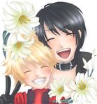  1boy 1girl age_difference black_hair blonde_hair choker eyes_closed flower kyle_dunamis mother_and_son open_mouth rutee_katrea short_hair tales_of_(series) tales_of_destiny tales_of_destiny_2 v 