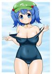  blue_eyes blue_hair breasts hair_bobbles hair_ornament hat jewelry kawashiro_nitori key large_breasts masara_(masalucky2010) necklace one-piece_swimsuit school_swimsuit short_hair smile solo swimsuit touhou two_side_up undressing 