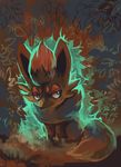  backlighting bush creature full_body gen_5_pokemon glitchedpuppet grass green_eyes highres looking_away no_humans outdoors pokemon pokemon_(creature) solo zorua 