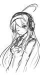  ahoge arceonn beyerdynamic greyscale headphones huge_ahoge long_hair monochrome one_eye_closed orie_(under_night_in-birth) solo under_night_in-birth 