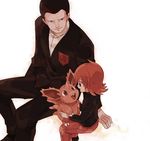  black_hair father_and_son formal gen_1_pokemon long_hair monochrome multiple_boys nidoran no_eyebrows pokemon pokemon_(creature) pokemon_(game) pokemon_hgss red red_hair sakaki_(pokemon) short_hair silver_(pokemon) simple_background sitting smile suit team_rocket usao_(313131) younger 