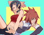  1boy 1girl bare_shoulders black_hair breasts choker detached_sleeves kratos_aurion midriff open_mouth purple_eyes red_eyes red_hair rutee_katrea short_hair short_shorts shorts tales_of_(series) tales_of_destiny tales_of_symphonia 