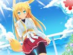  :&lt; ahoge animal_ears aqua_eyes bad_id bad_pixiv_id bike_shorts blonde_hair blue_sky blush cloud day dutch_angle flower food fox_ears fox_tail kooribata long_hair morning_glory nibiiro_shizuka obi ocean original popsicle railing sash shorts shorts_under_skirt skirt skirt_hold sky solo sunlight sweat tail thigh_gap 