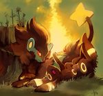  bad_deviantart_id bad_id commentary creature friends full_body gen_2_pokemon gen_4_pokemon glitchedpuppet highres huge_filesize luxray lying nature no_humans on_back paw_pose pink_eyes plant pokemon pokemon_(creature) red_sclera signature sky tree_stump umbreon yellow_eyes 
