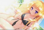  bikini blonde_hair blush breasts cleavage front-tie_top kisaragi_mifuyu long_hair medium_breasts moekibara_fumitake navel purple_eyes side-tie_bikini solo swimsuit tayutama 