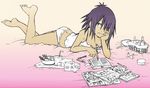  book drink food gorillaz gradient gradient_background hair_over_one_eye looking_at_viewer noodle noodle_(gorillaz) noodles panties panty purple_hair serious simple_background solo underwear 