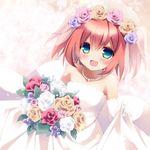  :d bad_id bad_pixiv_id bare_shoulders blush bouquet brown_hair dress dress_lift flower gloves green_eyes hair_flower hair_ornament holding jewelry kaitou_tenshi_twin_angel kanora looking_at_viewer minazuki_haruka_(twin_angel) necklace open_mouth purple_flower purple_rose red_flower red_rose rose skirt_hold smile solo strapless strapless_dress twin_angel wedding_dress white_dress white_flower white_gloves white_rose yellow_flower yellow_rose 