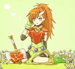  1girl armor ax axe belt breasts cleavage earrings flower gloves green_background jewelry long_hair mary_argent open_mouth orange_hair ponytail purple_eyes shoes tales_of_(series) tales_of_destiny weapon 