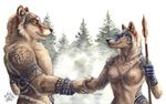  blotch breasts canine duo eye_contact female handshake male mammal markings paint polearm snow spear tribal wolf 