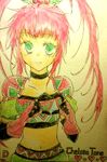  1girl breasts character_name chelsea_torn choker elbow_gloves gloves green_eyes long_hair midriff navel pink_hair tales_of_(series) tales_of_destiny 