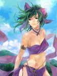  bare_shoulders belly_chain bow breasts chain choker cleavage cloud day fire_emblem fire_emblem:_seisen_no_keifu green_eyes green_hair hair_bow harem_outfit hill jewelry kaito_(sawayakasawaday) leen_(fire_emblem) light_rays medium_breasts midriff nature ponytail scenery sky solo sun sunbeam sunlight 