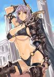  :&lt; armor arms_up bikini bikini_armor breasts choker cleavage colosseum covered_nipples gauntlets gloves hand_on_hip huge_breasts huge_weapon jewelry navel o-ring o-ring_bikini orange_eyes original purple_hair ran'ou_(tamago_no_kimi) shoulder_pads solo spikes swimsuit sword underboob wavy_hair weapon 