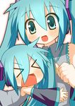  &gt;_&lt; :d chibi_miku closed_eyes happy hatsune_miku long_hair minami_(colorful_palette) multiple_girls open_mouth siblings sisters smile vocaloid 