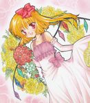  alternate_costume arm_up bare_shoulders blonde_hair bouquet bow dress dutch_angle elbow_gloves flandre_scarlet flower gloves gradient gradient_background hair_bow looking_at_viewer marker_(medium) open_mouth outline pastel_(medium) pink_background red_eyes red_flower red_rose rose satsuki_(gogotaru) short_hair side_ponytail skirt_hold solo touhou traditional_media watercolor_pencil_(medium) wedding_dress wings wreath yellow_flower yellow_rose 