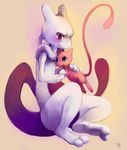  blush commentary creature floating friends full_body gen_1_pokemon glitchedpuppet highres hug legendary_pokemon mew mewtwo no_humans pokemon pokemon_(creature) purple_eyes scowl sepia_background signature sitting smile 