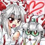  bow crossover fujiwara_no_mokou grey_hair gundam hair_bow long_hair mayohi_neko mechanization open_mouth red_eyes sd_gundam suspenders touhou v2_gundam victory_gundam 