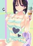  amasora_taichi apron black_hair breasts brown_eyes chair food heart holding ice_cream ice_cream_cone ice_cream_scoop medium_breasts naked_apron original short_hair sitting smile solo striped 