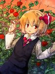  blonde_hair chain-link_fence chinese_lantern_(plant) fence hair_ribbon looking_away murani plant red_eyes ribbon rumia short_hair solo touhou 
