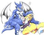  anthro balls biceps breasts canine digimon dragon duo exveemon eyes_closed female fox horn licking male mammal muscles nude oral pecs penis pose precum pussy renamon sawblade sawblade_(artist) tongue tongue_out wings 