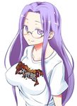  breasts collarbone cosplay fate/stay_night fate/zero fate_(series) glasses long_hair medium_breasts purple_eyes purple_hair rider rider_(fate/zero) rider_(fate/zero)_(cosplay) rimless_eyewear shirt simple_background smile solo t-shirt white_background zanku 