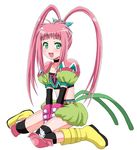  1girl boots chelsea_torn elbow_gloves gloves green_eyes knee_pads long_hair open_mouth pink_hair ponytail tales_of_(series) tales_of_destiny 