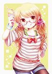  alternate_costume alternate_hairstyle arm_up bad_id bad_pixiv_id belt bespectacled blonde_hair bow bracelet brown_legwear contemporary crepe fashion food glasses hair_ornament hairclip hand_on_hip jewelry kirisame_marisa legwear_under_shorts licking_lips long_hair pantyhose sanotsuki scrunchie shirt shorts smile solo star striped striped_shirt tongue tongue_out touhou twintails yellow_eyes 