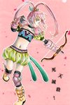  1girl boots bow_(weapon) chelsea_torn choker elbow_gloves gloves green_eyes knee_pads long_hair midriff navel pink_background pink_hair ponytail tales_of_(series) tales_of_destiny weapon 