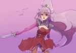  1girl armor atwight_eks breasts earrings frills gloves jewelry leotard long_hair open_mouth pantyhose ponytail purple_hair red_eyes skirt sword tales_of_(series) tales_of_destiny weapon 