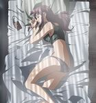  ass bare_shoulders bed bed_sheet black_lagoon black_panties brown_hair butt_crack closed_eyes earbuds earphones earphones_removed highres long_hair long_legs lying midriff panties revy_(black_lagoon) screencap sleeping solo stitched tank_top third-party_edit underwear walkman 