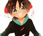  1boy :d brown_hair collarbone dark_skin dark_skinned_male eyebrows_visible_through_hair hair_ornament head_tilt inazuma_eleven_(series) inazuma_eleven_go long_sleeves looking_at_viewer male_focus multicolored multicolored_eyes multicolored_hair open_mouth polka_dot polka_dot_background red_hair reflective_eyes shuu_(inazuma_eleven) smile tareme upper_body white_hair yuzu_ichika 