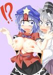  2girls bad_id bad_pixiv_id beret blue_eyes blue_hair blush breast_grab breasts breasts_outside expressive_clothes grabbing grey_eyes hat hat_ribbon highres japanese_clothes jiangshi kariginu large_breasts long_sleeves miyako_yoshika mononobe_no_futo multiple_girls nipples ofuda open_clothes open_mouth open_shirt outstretched_arms ribbon shirt short_hair short_sleeves silver_hair skirt sudo_shinren touhou translation_request wavy_mouth wide_sleeves zombie_pose 
