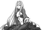  breasts center_opening cleavage corticarte_reichstein drawfag greyscale highres long_hair looking_at_viewer medium_breasts monochrome reaching_out solo sousouki_reginald very_long_hair 