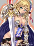  armor belt beltskirt black_legwear blonde_hair boots breasts cape cleavage copyright_name gauntlets greaves green_eyes houtengeki junketsu_duelion large_breasts loincloth long_hair no_panties official_art ribbon rozarina_junkers smile solo sword thigh_boots thighhighs translated weapon 